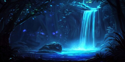 Wall Mural - Night landscape with abstract landscape and island, moonlight, shine. Dark natural scene with reflection of light in the water, neon blue light. 3D illustration with neon background.