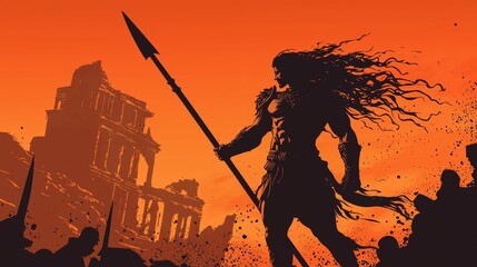 In an epic pose, an Orc holds a long curved sword with notches, clad in a ragged cloak and long hair, leaping to attack, against a knight on a shield and a sword in an orange sunset.