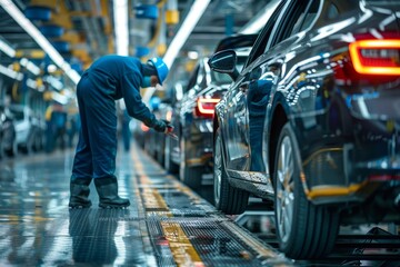 Worker in protective gear repairs car at factory, cinematic hyper realistic shot