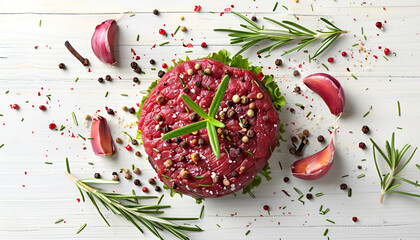 fresh beef burger with rosemary and spices isolated on white background, top view