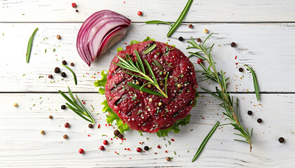 fresh beef burger with rosemary and spices isolated on white background, top view