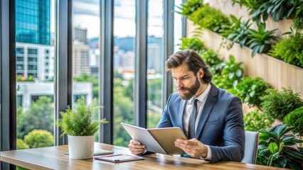 Corporate auditor reviewing sustainability reports in a modern office. ESG reporting and business analysis concept with focus on sustainability and corporate governance
