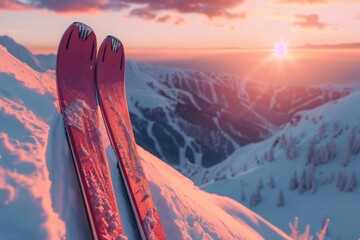 Sticker - A pair of skis resting at the top of a snowy hill, perfect for a winter sports image