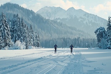 Wall Mural - Couple skiing in snowy landscape, winter sport, outdoor activity