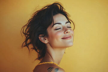 A close up of a woman's face with tattoos and her eyes closed