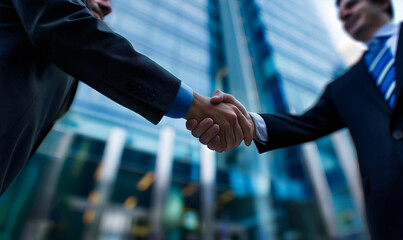 Business agreement concept with two businessmen making handshake in front of corporate building