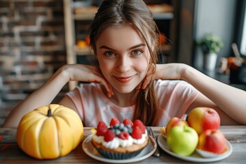 Wall Mural - Choosing Food. Young Woman Deciding Between Fruits and Sweets for Healthy Dieting