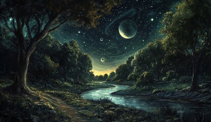 Wall Mural - an unreal fantasy world with stars, nebulae, mountains, fog, and the month and moon.