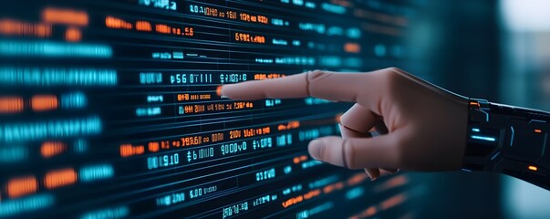 A futuristic hand interacting with a glowing digital interface, highlighting advanced technology and data analysis.