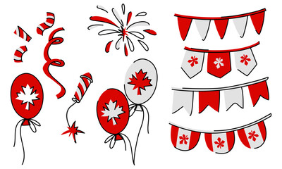 set of flags strung on a string for a holiday, a balloon, confetti, fireworks. Painted in the colors of the Canadian flag red, white with a maple leaf. Ideal for decorating festive events, Canada Day