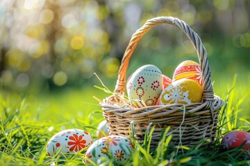 Wall Mural - A colorful Easter egg basket overflowing with decorated eggs sits amidst lush green grass