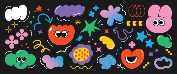 Wall Mural - Set of funky groovy element vector. Collection of cartoon characters, cute doodle dawn, sparkle, flower, cloud, heart, rabbit. Retro hippie design for decorative, sticker, toys and kids. 