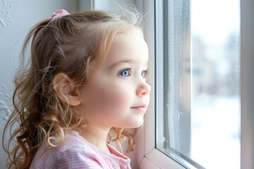 A young girl looking outside from inside her home