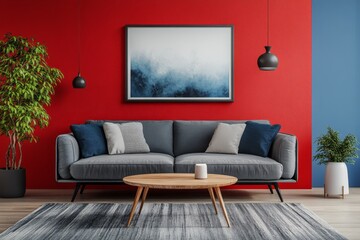 Minimalistic indoor living room in red, gray, and blue tones with abstract wall art and elegant sofa