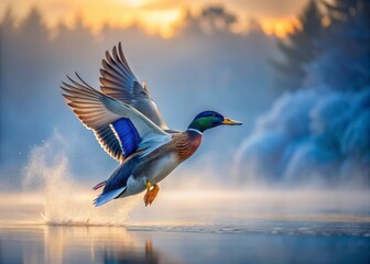 flying mallard duck symphony feathers ruffled wind swept misty dawn serene blue