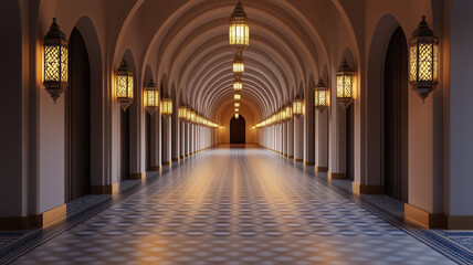 Wall Mural - A Moroccan inspired hallway with arched doorways patterned tiles and lanterns lining the walls creating a grand entrance 