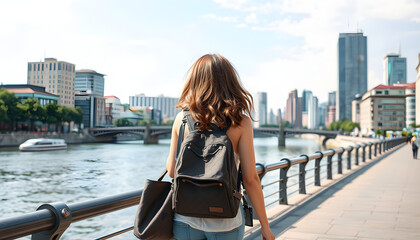 Girl traveling river cityscape strolling with bag. Tourist walking vertically isolated with white highlights, png