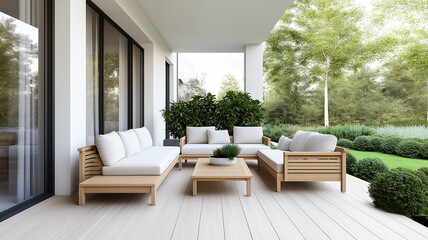 Poster - A Scandinavian outdoor patio with simple furniture light wood decking and greenery creating a tranquil outdoor retreat 