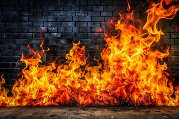 Fiery Barrier: Red, orange, and yellow flames engulfing a black wall, protective, imposing