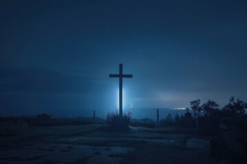 Faith Cross. Symbol of Religion in the Night Sky with Jesus Christ