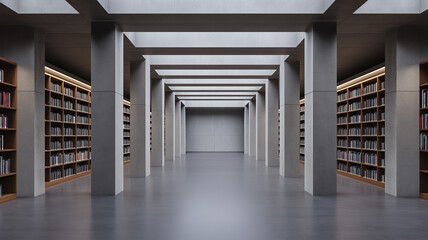 Wall Mural - A brutalist library interior heavy concrete columns and beams minimalistic and imposing with rows of bookshelves 