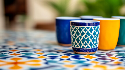 Poster - A close up of a Moroccan mosaic tile table with intricate geometric patterns and vibrant colors set with traditional tea glasses 