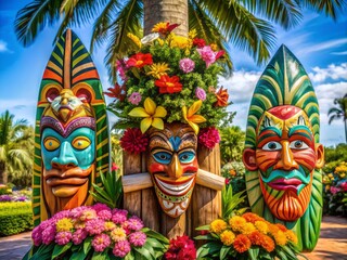 Vibrant, playful tree with a fun, Polynesian-inspired theme, featuring bright floral arrangements, colorful tiki masks, and a surfboard.