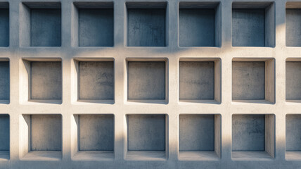 Wall Mural - A close up of the textured concrete facade of a brutalist structure with shadows emphasizing the raw rugged surface 