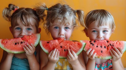 Three young children happily hold watermelon slices, smiling and enjoying a sunny moment together