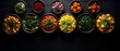 © Design Mela - Top view of Assorted Indian food Rice, Lentils, Fish Curry, and Assorted Veggies