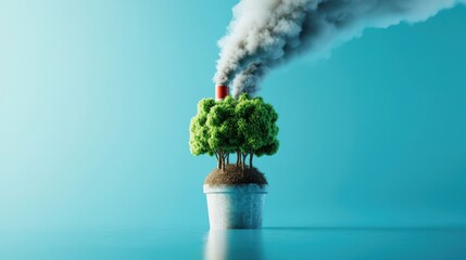 Wall Mural - Conceptual Image of Environmental Pollution with Smoke Emitting from Trees in a Pot Against a Blue Background