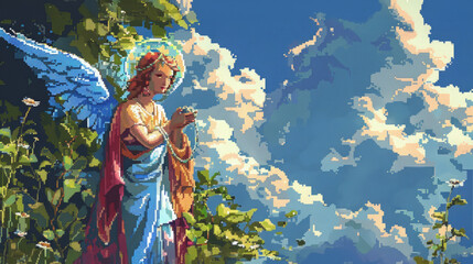 Christian religious background in colorful pixel-art style.