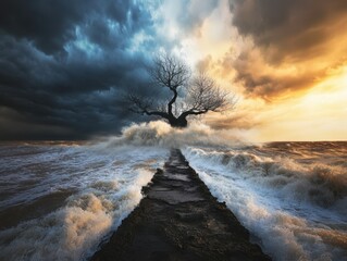 Dramatic Seascape with Lone Tree on Rocky Pathway Amidst Stormy Waves and Sunset Sky