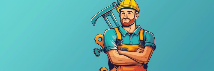 A confident craftsman with a tool belt and a wrench, symbolizing reliability, expertise, construction, handyman, and service.