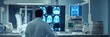 © Naru - A doctor is examining a monitor that shows medical images, the doctor is wearing a white coat and stands in a hospital room. The images on the monitor represent medical technology, diagnosis, and pati