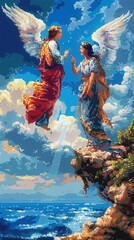 Wall Mural - Christian religious background in colorful pixel-art style.