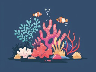 Underwater coral reef exploration clipart, marine life, flat vector art, simple cartoon 2D emblem