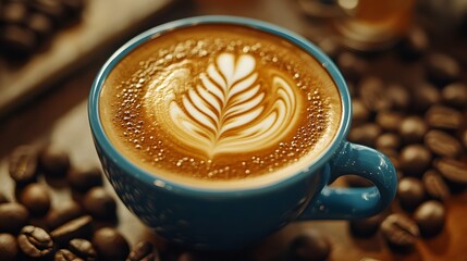 Wall Mural - A Blue Mug Filled with Latte Art and Surrounded by Coffee Beans