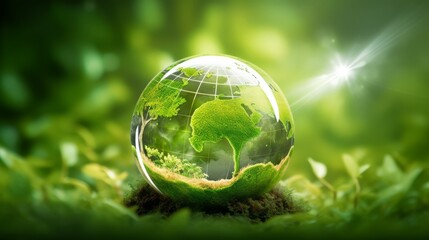 A globe made of glass and plants is sitting on a green surface