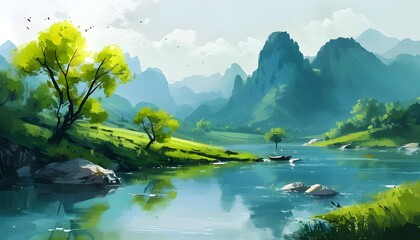 Wall Mural - Picturesque Lake Surrounded by Lush Green Mountains and Tranquil Nature