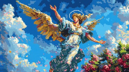 Wall Mural - Christian religious background in colorful pixel-art style.