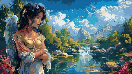 Christian religious background in colorful pixel-art style.