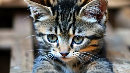 Wall Mural - A kitten is laying on a wooden surface with its paws up. The kitten has a curious and playful expression on its face