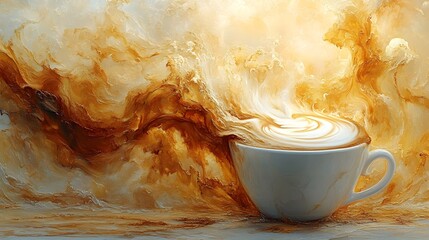 Wall Mural - A Cup of Coffee Emerging From a Golden Abstract Background