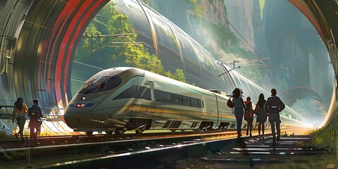 Modern high speed train with mountains in the background. 3d rendering