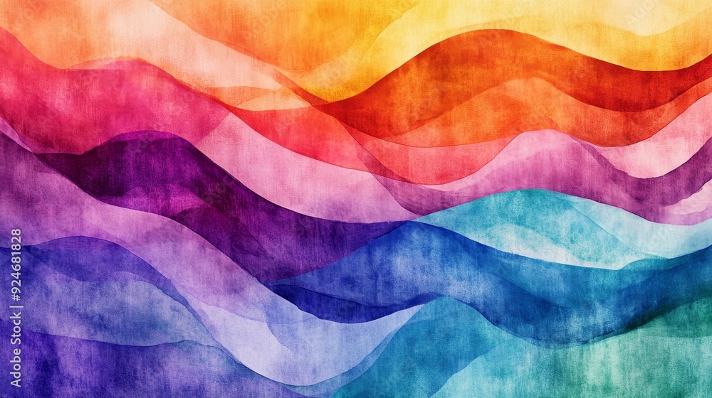 A vibrant and abstract watercolor painting featuring colorful waves in ...
