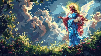 Christian religious background in colorful pixel-art style.