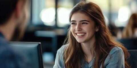 Energetic Office Moment with Smiling Woman and Man in Casual Business Attire