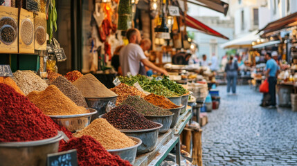 A lively European market with a vendor at a classic stall offering local spices and herbs