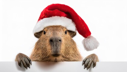 Wall Mural - capybara in red christmas hat 